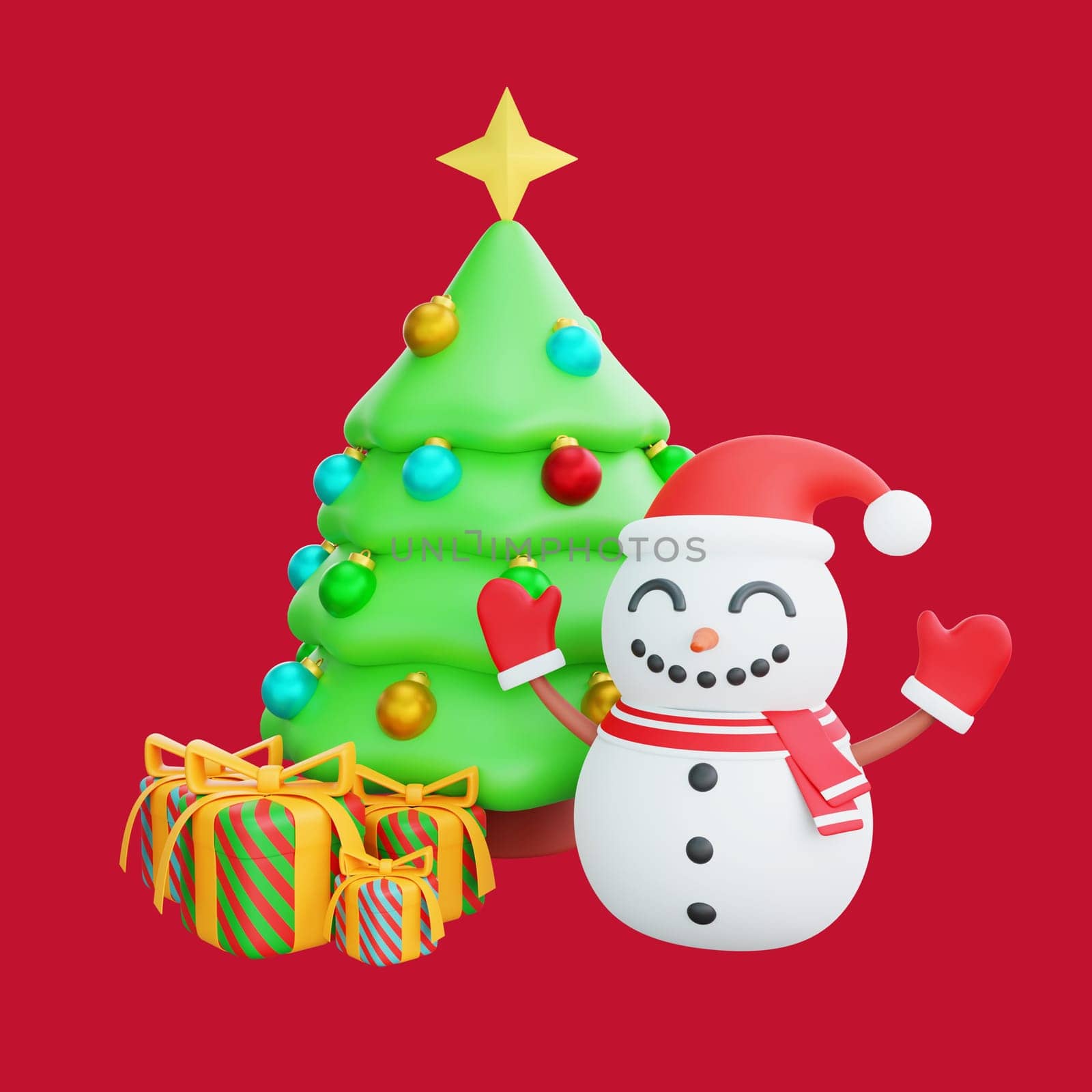 3D illustration of Christmas tree and a cheerful snowman surrounded by colorful gifts. Perfect for Christmas and Happy New Year celebrations