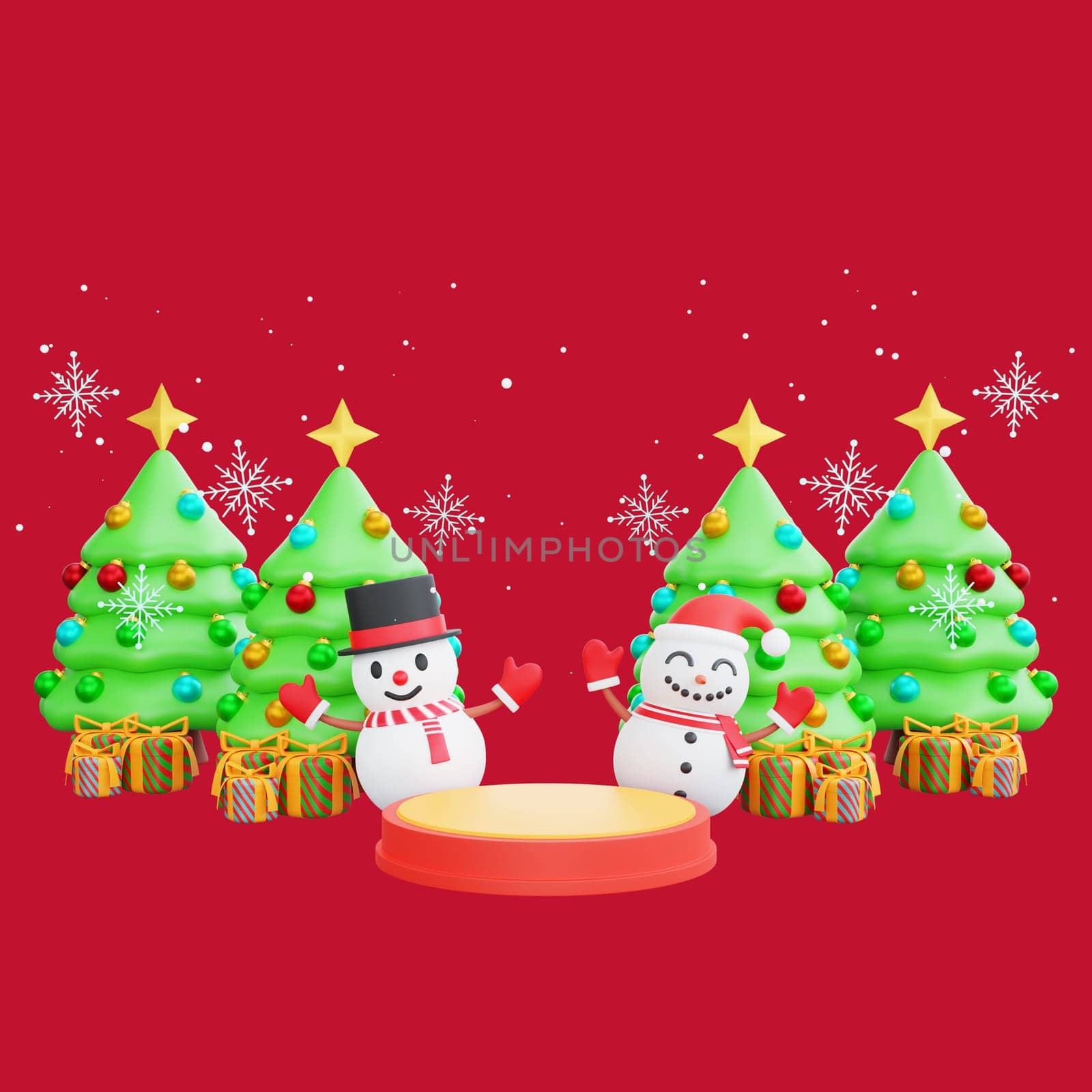 3D illustration of a podium with two jolly snowman alongside beautifully decorated Christmas trees and colorful presents. Perfect for Christmas and Happy New Year celebrations