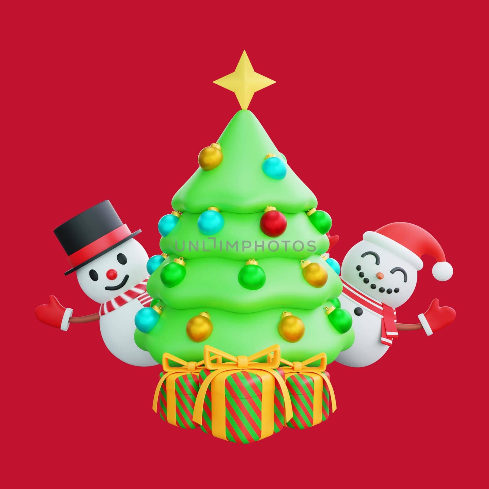 3D illustration of a decorated Christmas tree surrounded by two jolly snowman and colorful presents. Perfect for Christmas and Happy New Year celebrations