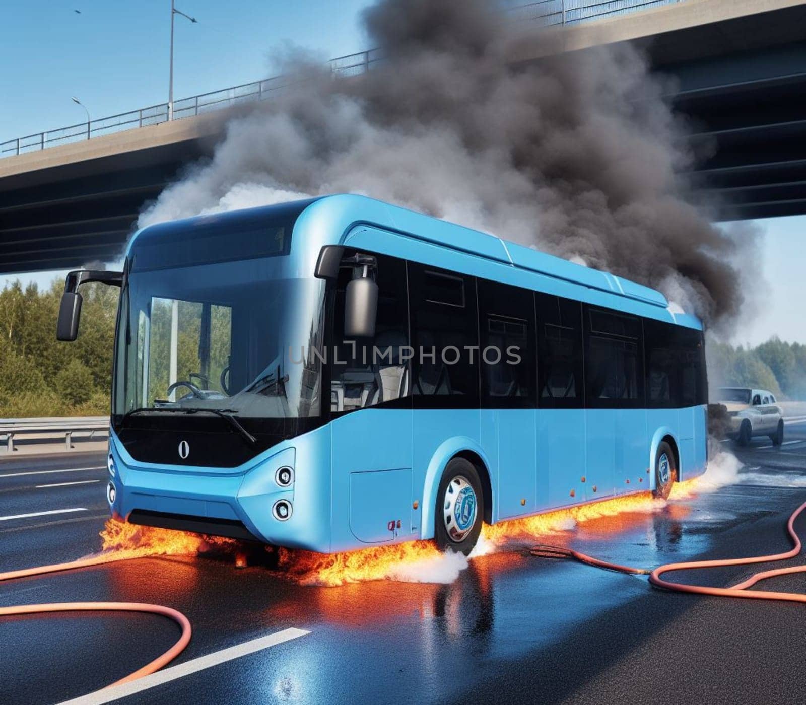 electric hybrid city bus burn bottom chasis, firefighter apply foam to extinguish flames big smoke ai generated