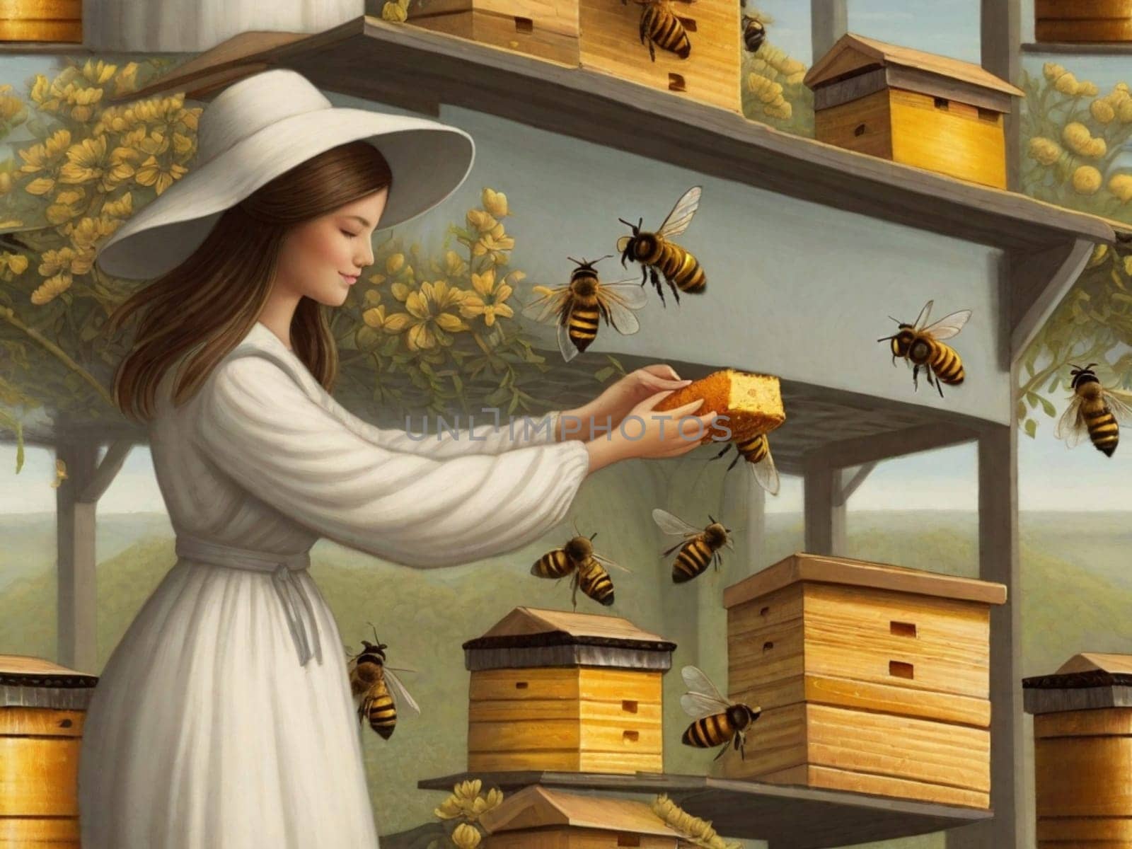 beautiful young woman surrounded by bees extracting honey from hives, springtime, illustration by verbano