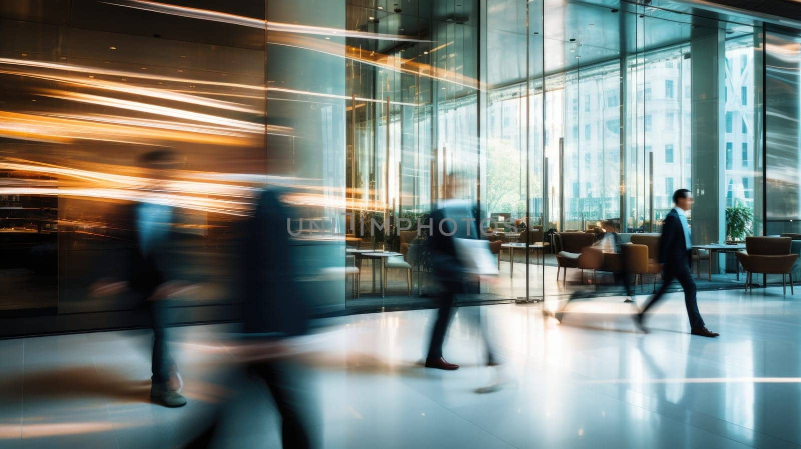 Business people rushing in office lobby with motion blur