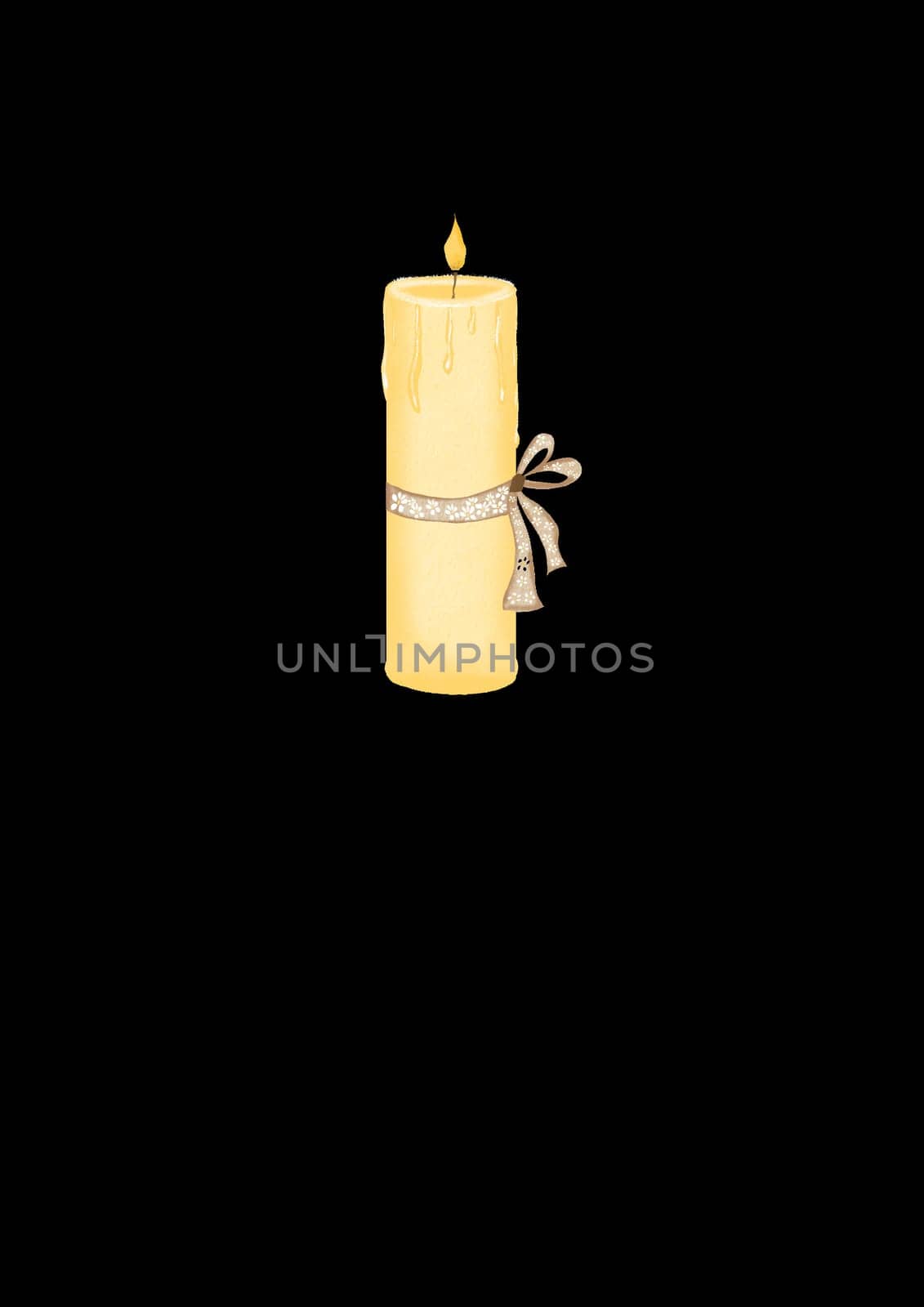 Watercolor drawing of a cute wax candle with a ribbon. Illustration isolate for the design of cards and invitations for baby's baptism.