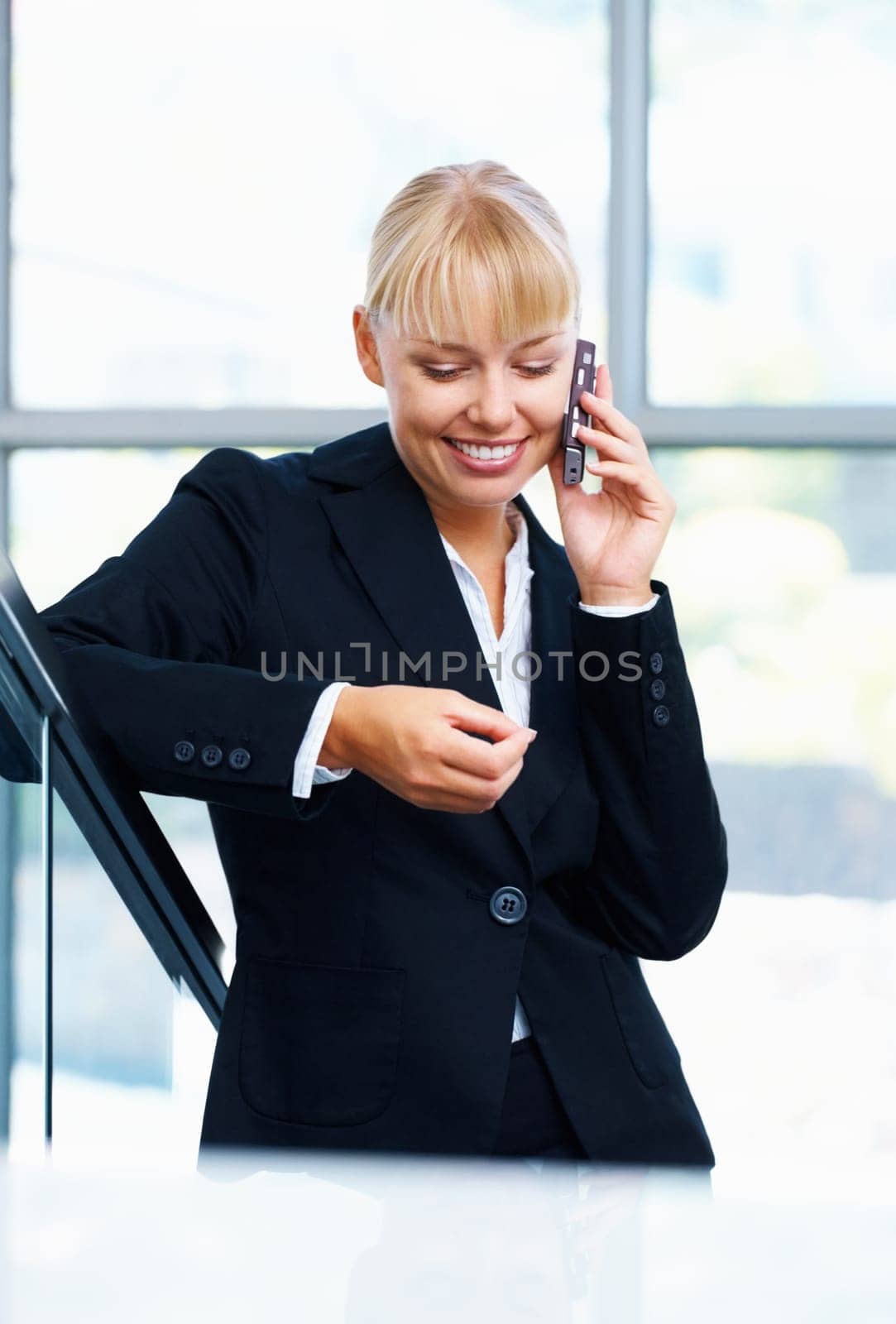 Businesswoman, phone call and smile company communication or planning strategy, corporate networking in office. Female person, digital device and connectivity management, conversation as professional.