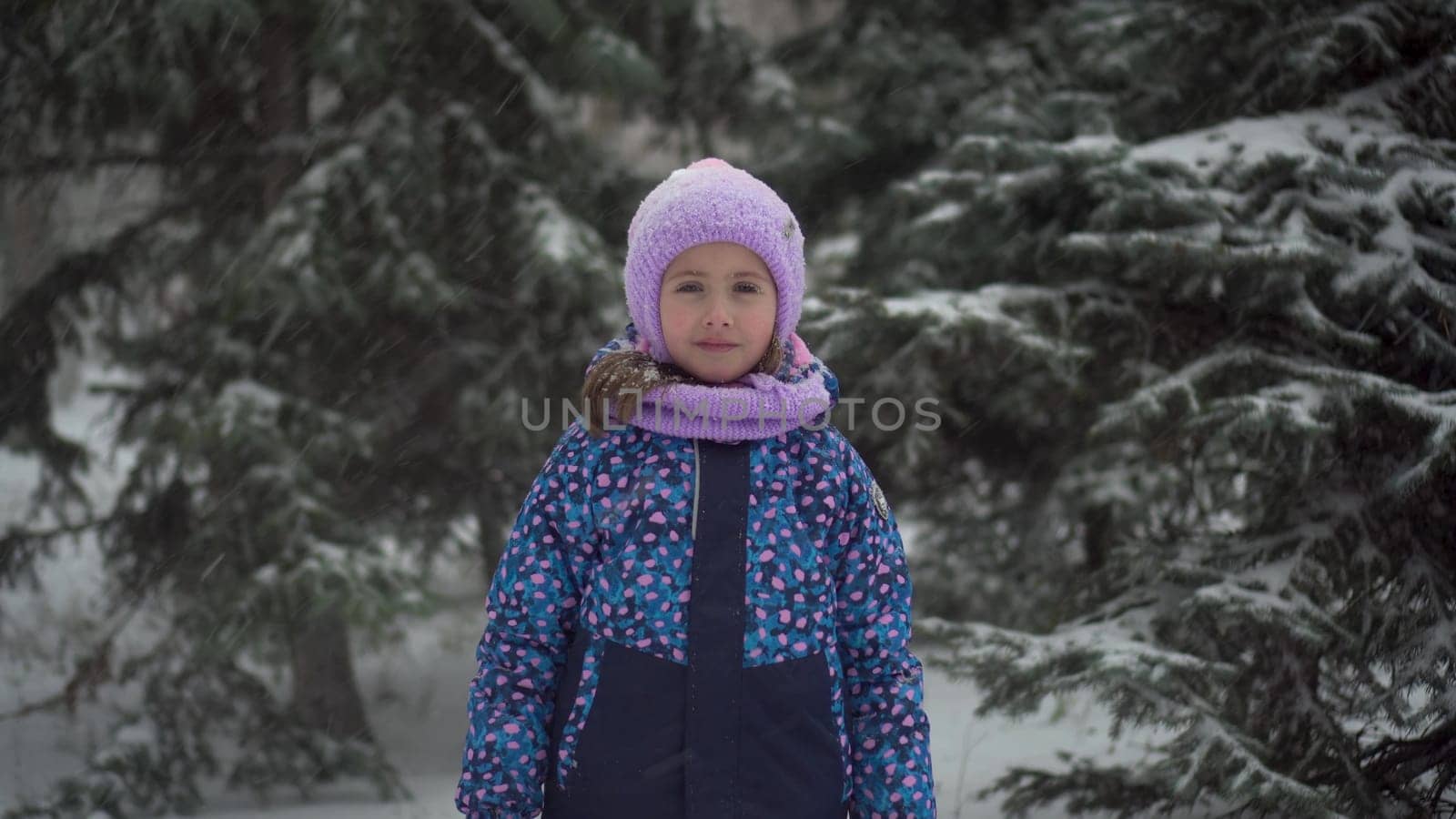 A girl stands against a background of fir trees under snowfall and looks at the camera. A girl in a jacket and hat stands under heavy snowfall. by Puzankov