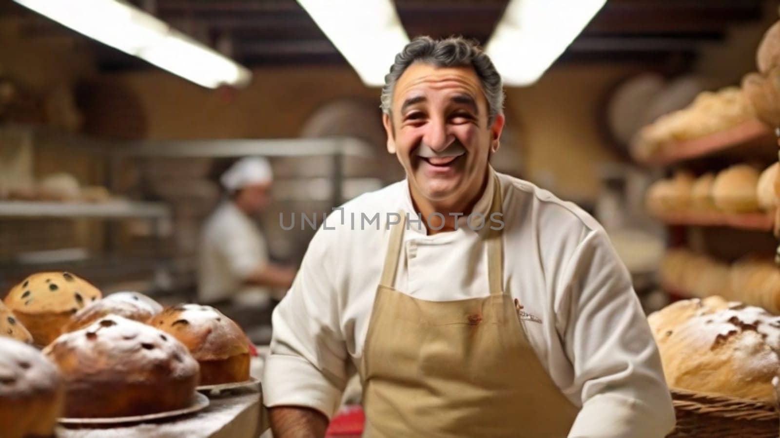 happy joyful robust baker making panettone christmas sweet cake at the professional kitchen by verbano