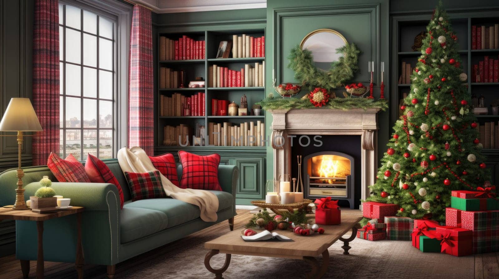 Interior of decorated living room with Christmas tree and sofa comeliness by biancoblue