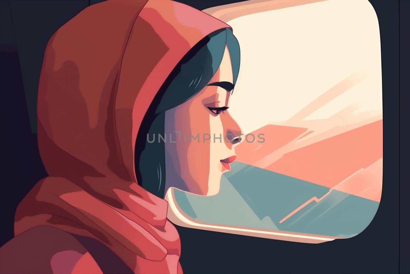 woman window character flight journey seat airplane cartoon female tourist transportation plane passenger aeroplane young aircraft travel hijab sleep muslim trip. Generative AI.