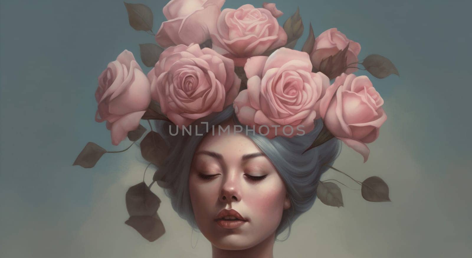 fashion woman person model beauty young trendy rose art lady beautiful make-up plant face peony design pink flower leaf spring abstract. Generative AI.