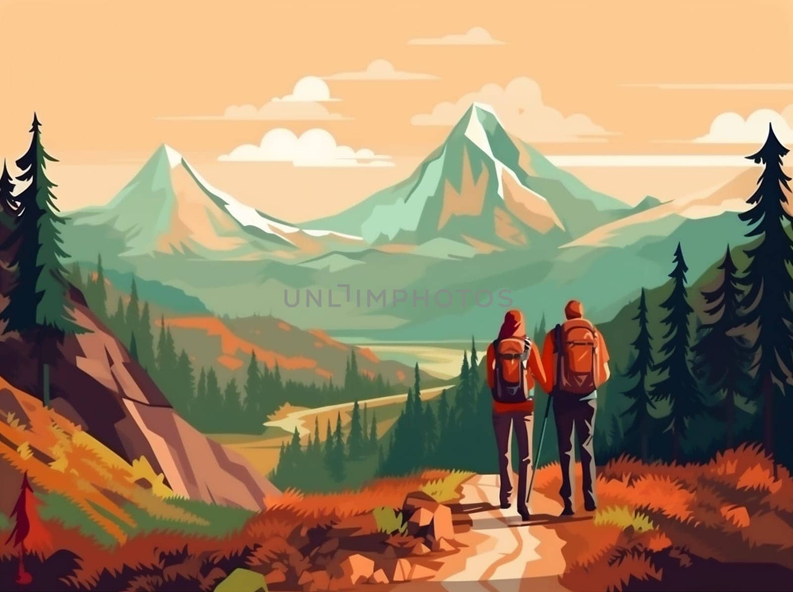 woman camping man hill background tent campfire fire mountain forest relaxation summer hiking nature vacation landscape couple recreation wilderness hike outdoor illustration. Generative AI.