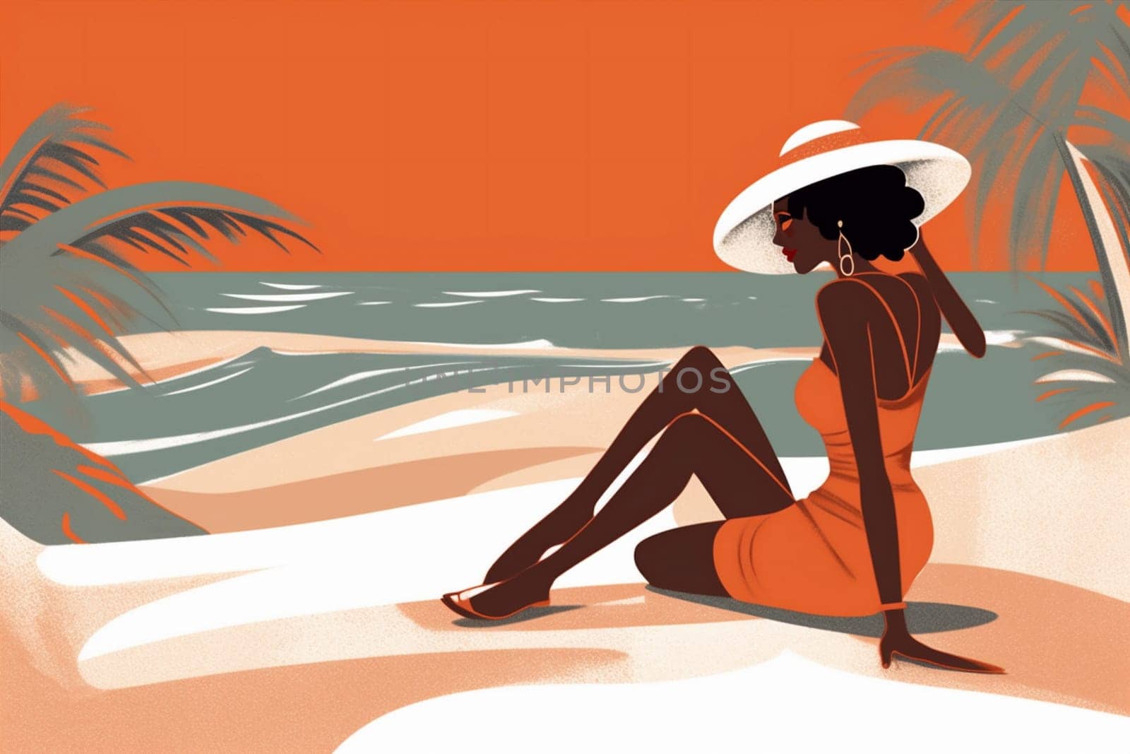 body woman sun banner hat retro tanned water illustration fashion beach black concept beauty vacation summer ocean art beige sea young. Generative AI.