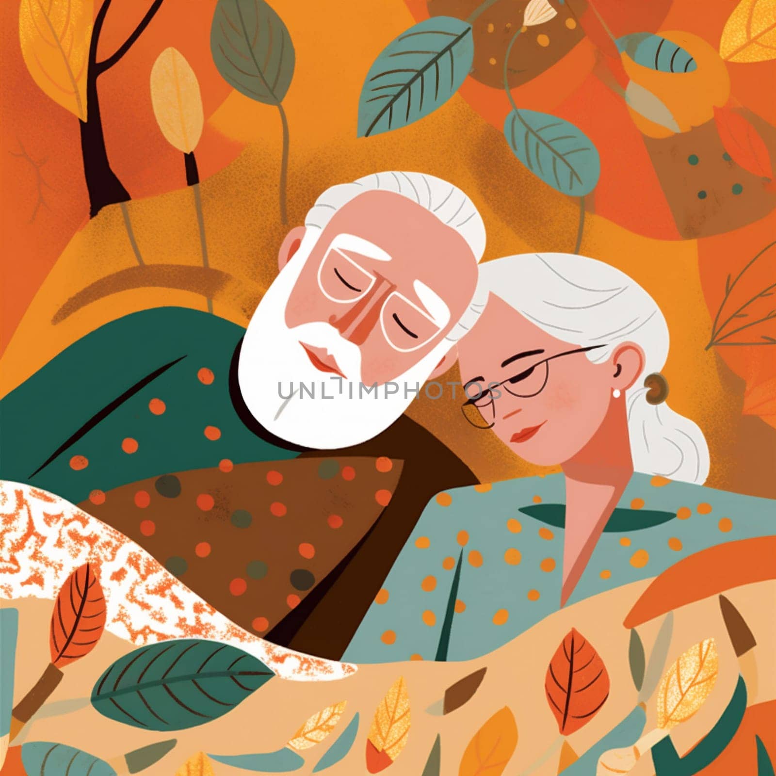 woman man illustration relax adult couple together elderly old sleeping bed grandfather retired happy retirement asleep senior mature love happiness concept husband. Generative AI.