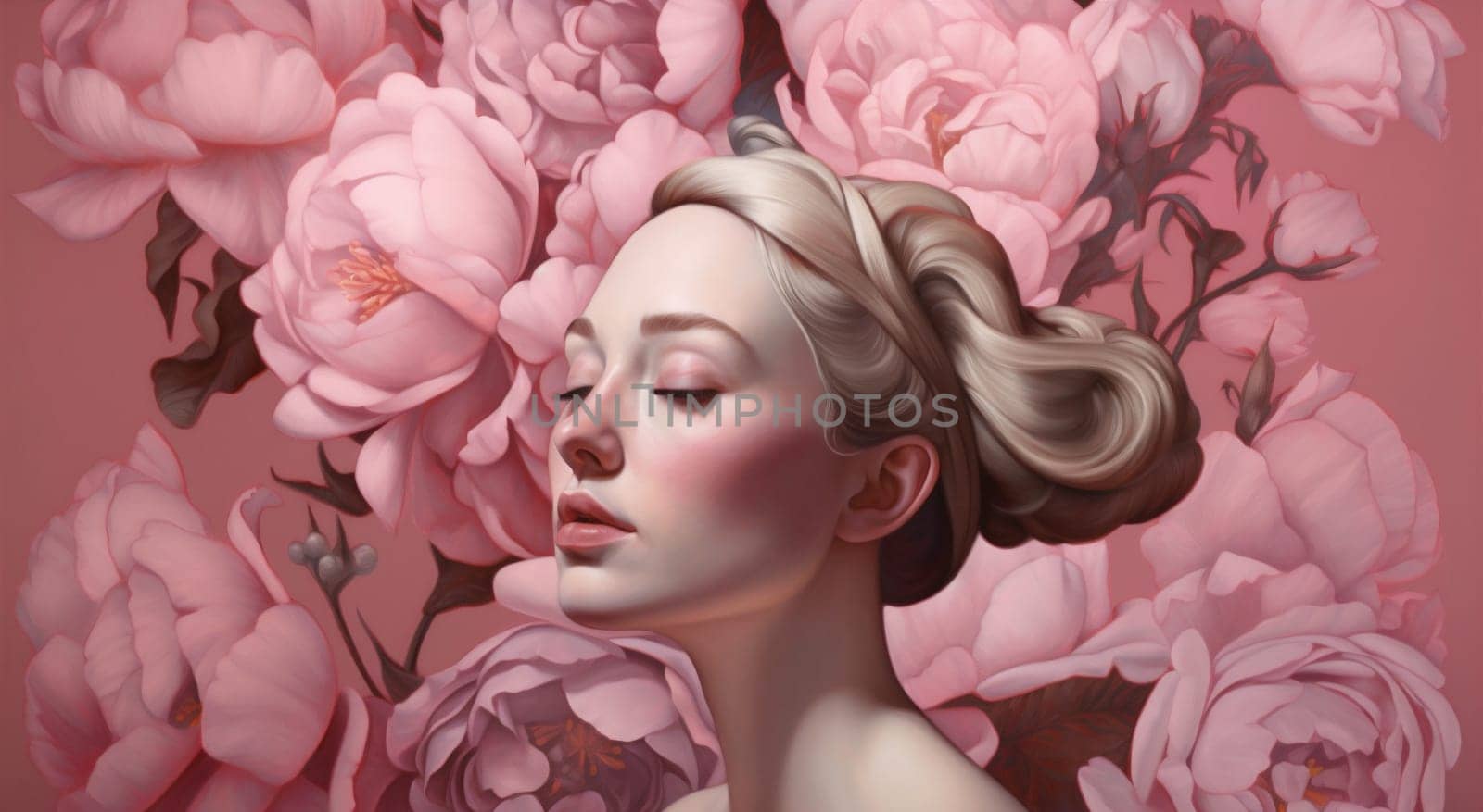 woman girl peony trendy beauty pattern valentine face fashion blossom flower lady summer beautiful nature lip person abstract rose hair art. Generative AI.