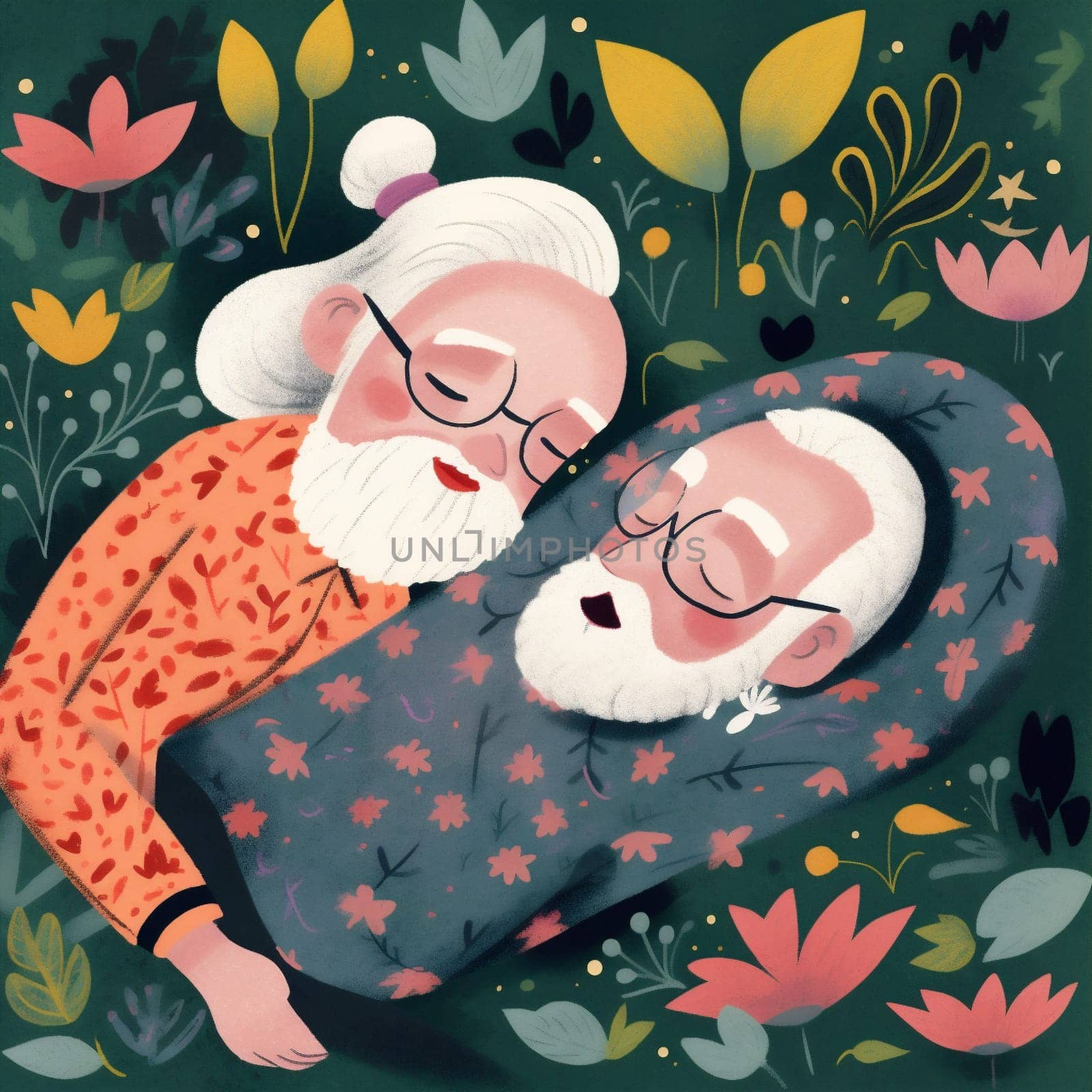 woman sleep man aged character together asleep happy concept bed senior couple lifestyle husband grandmother illustration romantic love old home retired retirement. Generative AI.