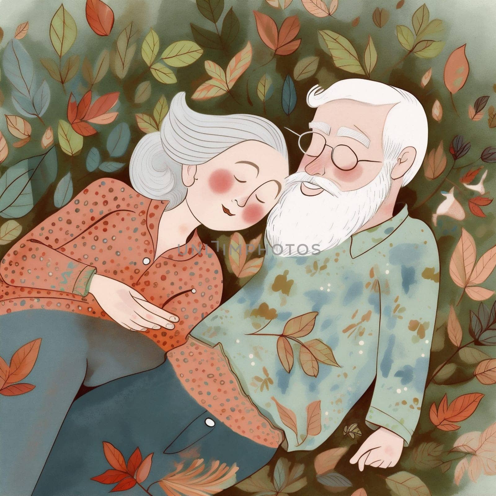 man woman cartoon adult rest sleeping female couple together lifestyle love retired senior concept home married asleep bed aged happy old elderly. Generative AI.