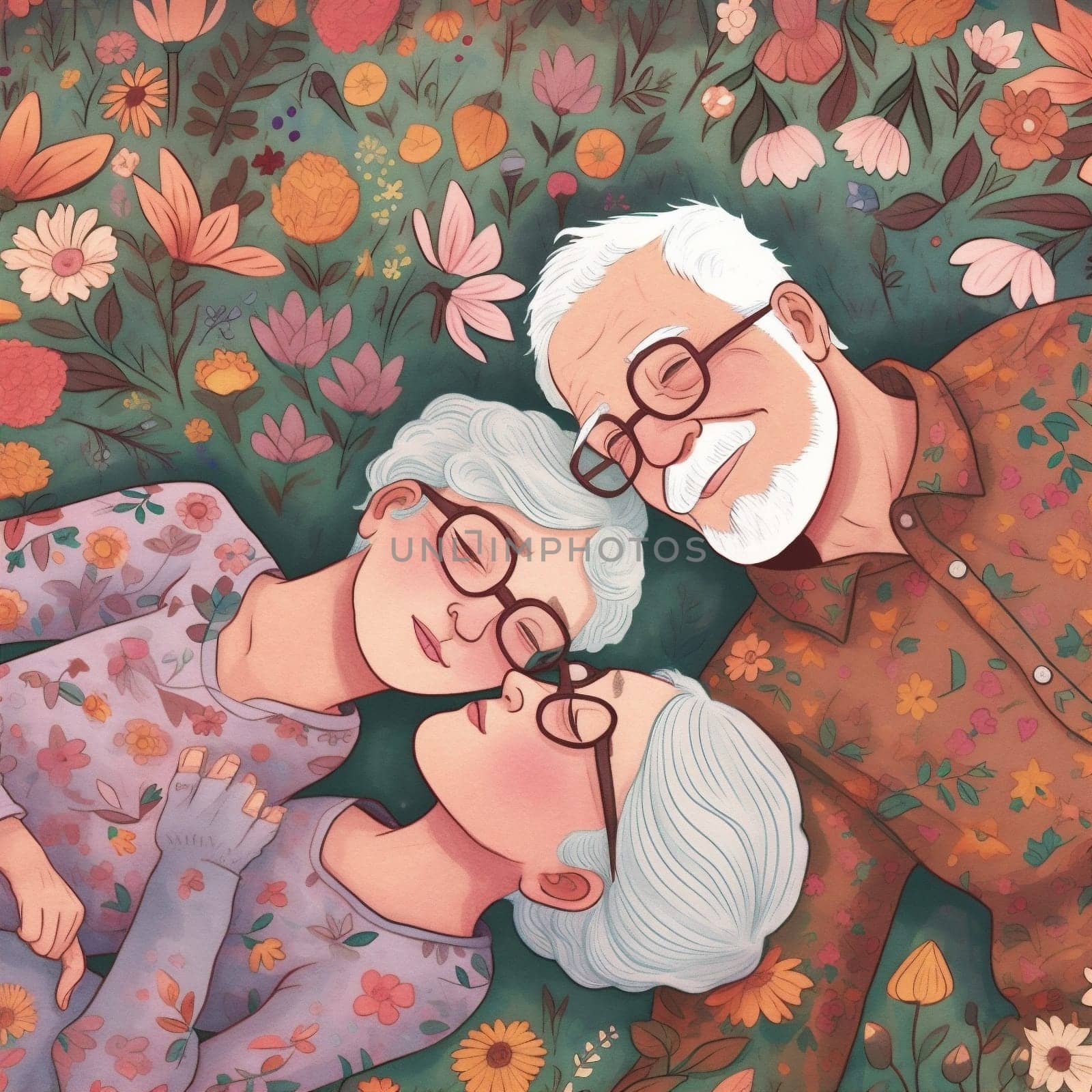 grandparent woman man retired illustration bed sleeping happy bedtime lying love book home husband rest retirement together flowers grandfather old asleep couple. Generative AI.