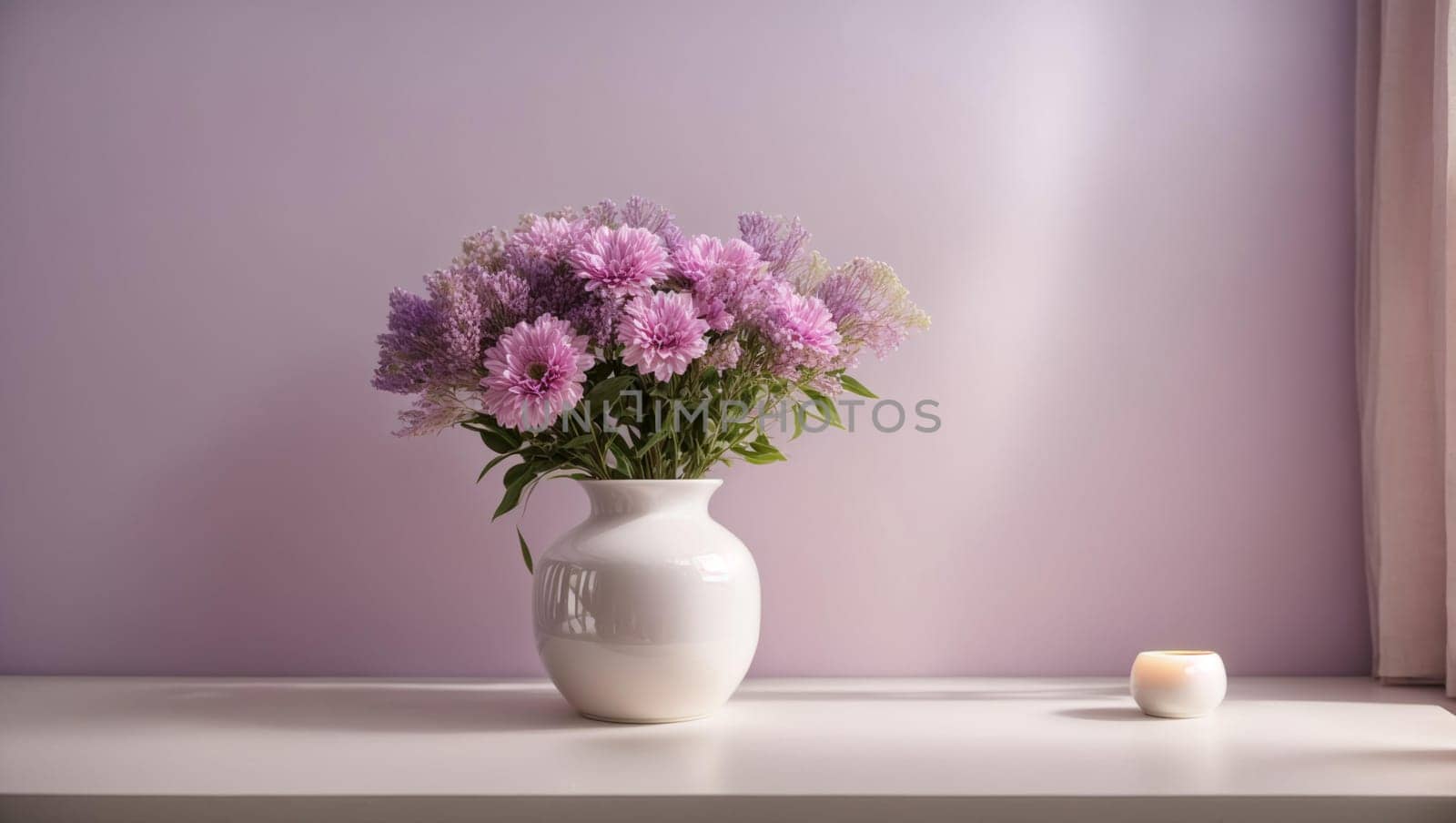 A vase of flowers stands against a light purple wall by Севостьянов