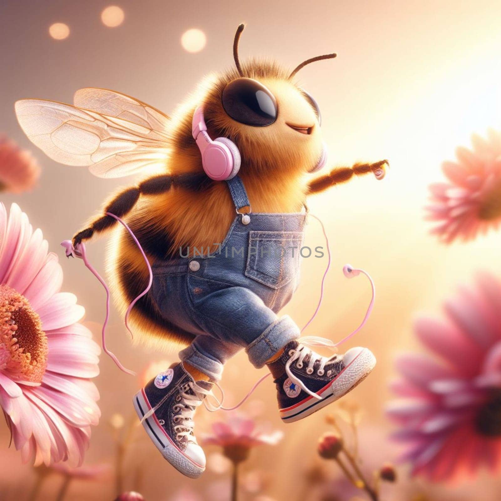 happy comic bee wearing jeans earphones and snikers at flower at sunrise macro close up shot by verbano