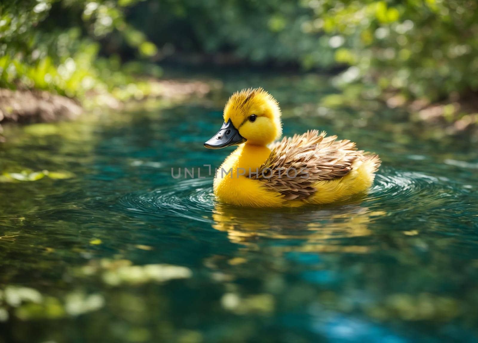 A yellow duckling swims in the bright blue water of the river, surrounded by lush greenery of trees. a small fluffy duckling carelessly swims along a quiet river, its bright yellow fluff shimmers in the sun, reflecting in the clear water.