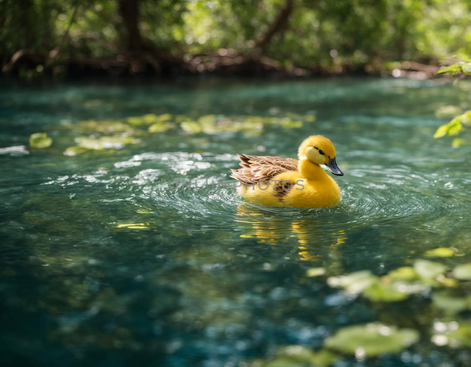 A yellow duckling swims in the bright blue water of the river, surrounded by lush greenery of trees. a small fluffy duckling carelessly swims along a quiet river, its bright yellow fluff shimmers in the sun, reflecting in the clear water.