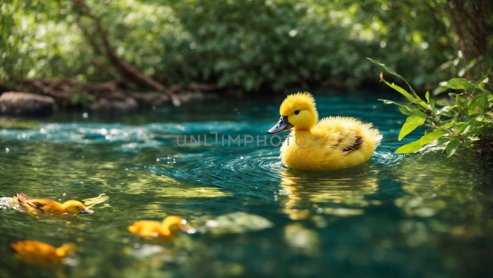 A yellow duckling swims in the bright blue water of the river, surrounded by lush greenery of trees. a small fluffy duckling carelessly swims along a quiet river, its bright yellow fluff shimmers in the sun, reflecting in the clear water.