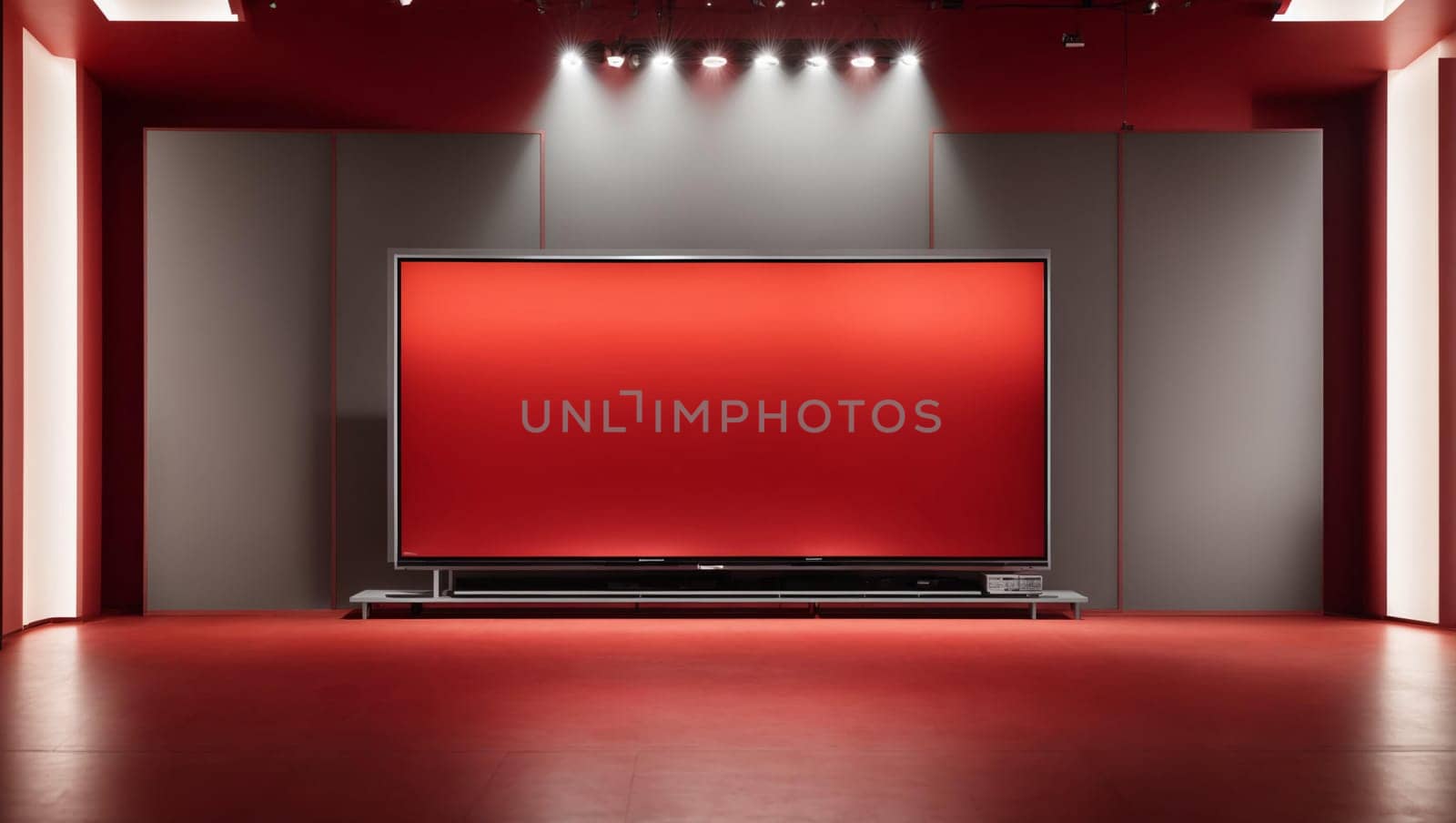 rectangular red TV screen with backlight, without image, located in the center, right on the red background of the studio