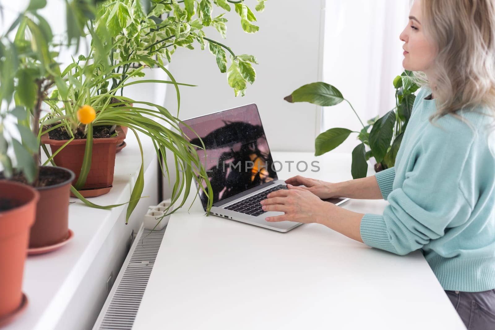 Young smiling happy satisfied employee business woman in casual blue shirt hold pen sit work at workplace white desk with laptop pc computer at light modern office indoors. Achievement career concept. by Andelov13