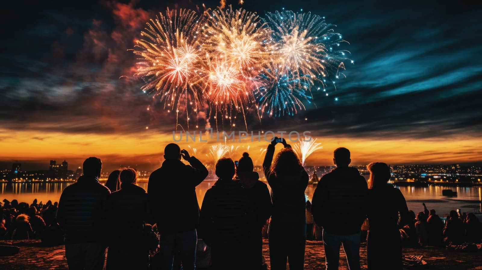 Firework explosion in the night sky celebrating happy new year 2024 . National firework shooting in the beautiful sky for a new year day of year 2024 .