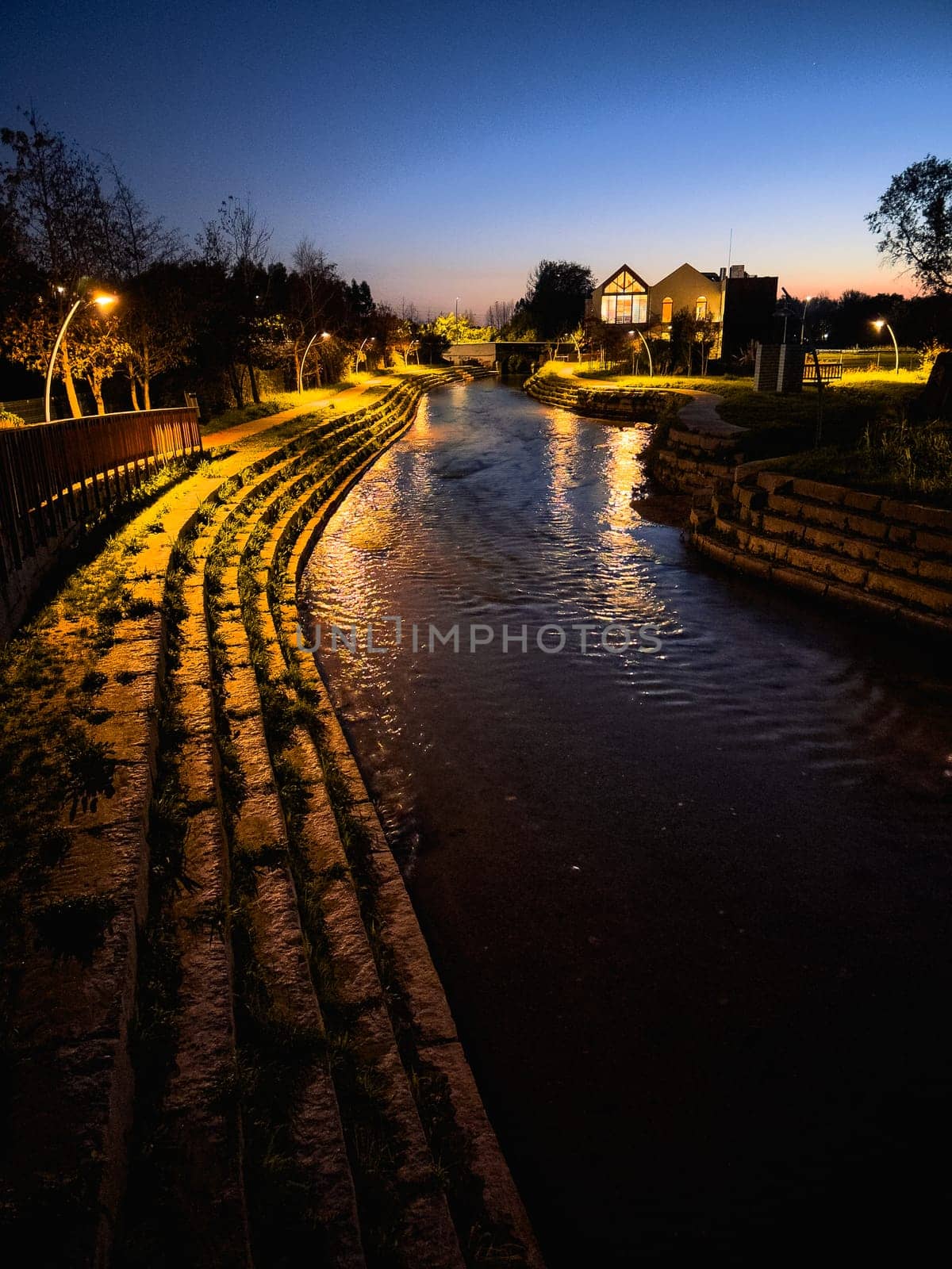 Panoramic view of autumn night in the city park of Ovar, Portugal.