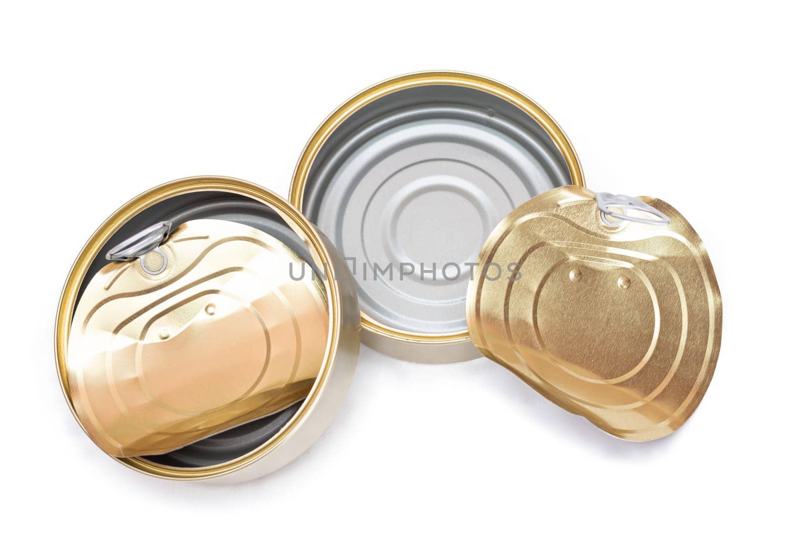 Two Opened Empty Tin Cans With Broken Cover Isolated on White Background. Clean Used Aluminum Cans - Isolation. Non-Degradable Inorganic Waste