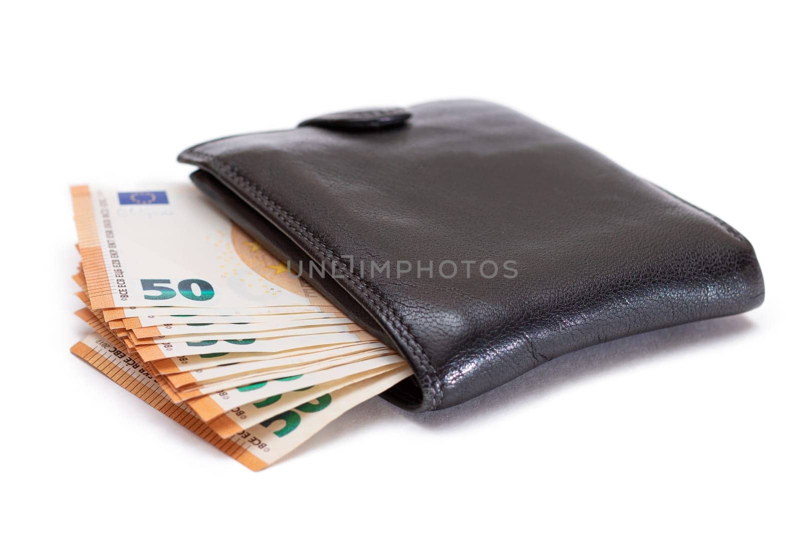 Black Leather Men Wallet with Fifty Euro Banknotes Inside - Isolated on White by InfinitumProdux