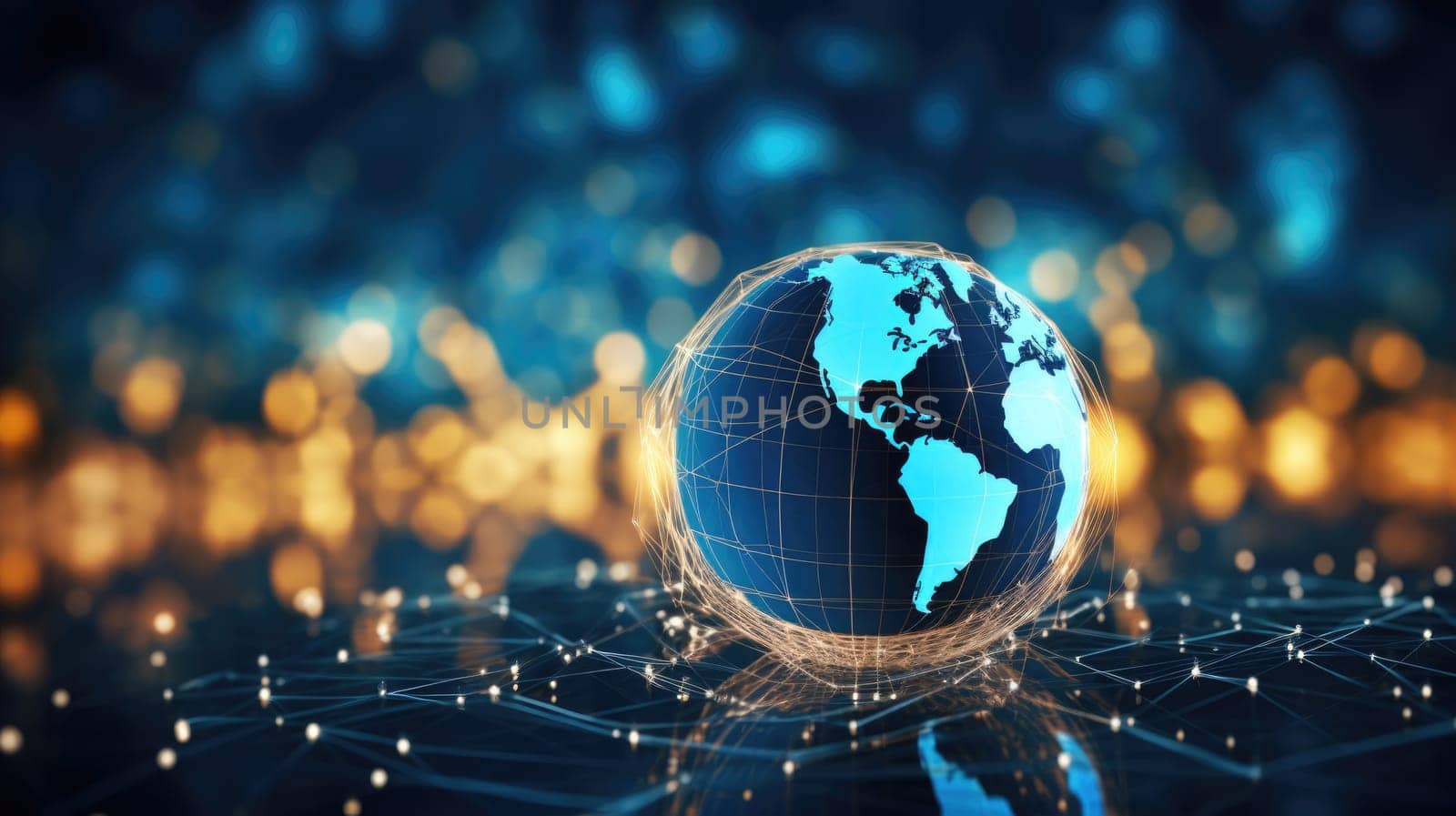 Communication technology with connections around globe Earth showing concept of Internet, IoT, cyberspace, global business, innovation, big data science, digital finance, blockchain.