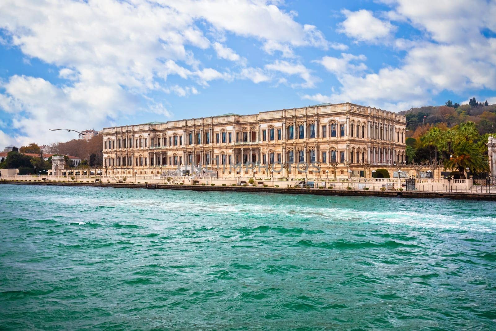 Cıragan Palace and Bosphorus waterfront of Istanbul view, largest city of Turkey