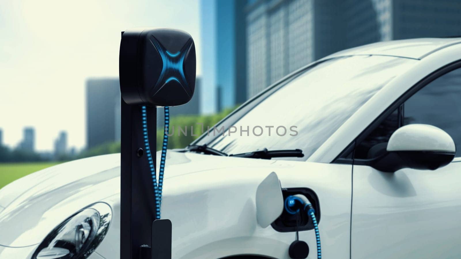 Electric car plugged in with charging station to recharge battery. Peruse by biancoblue