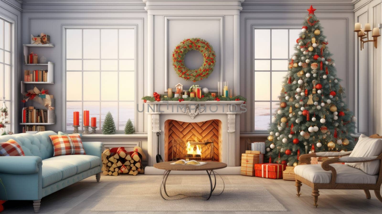 Interior of decorated living room with Christmas tree and sofa comeliness by biancoblue