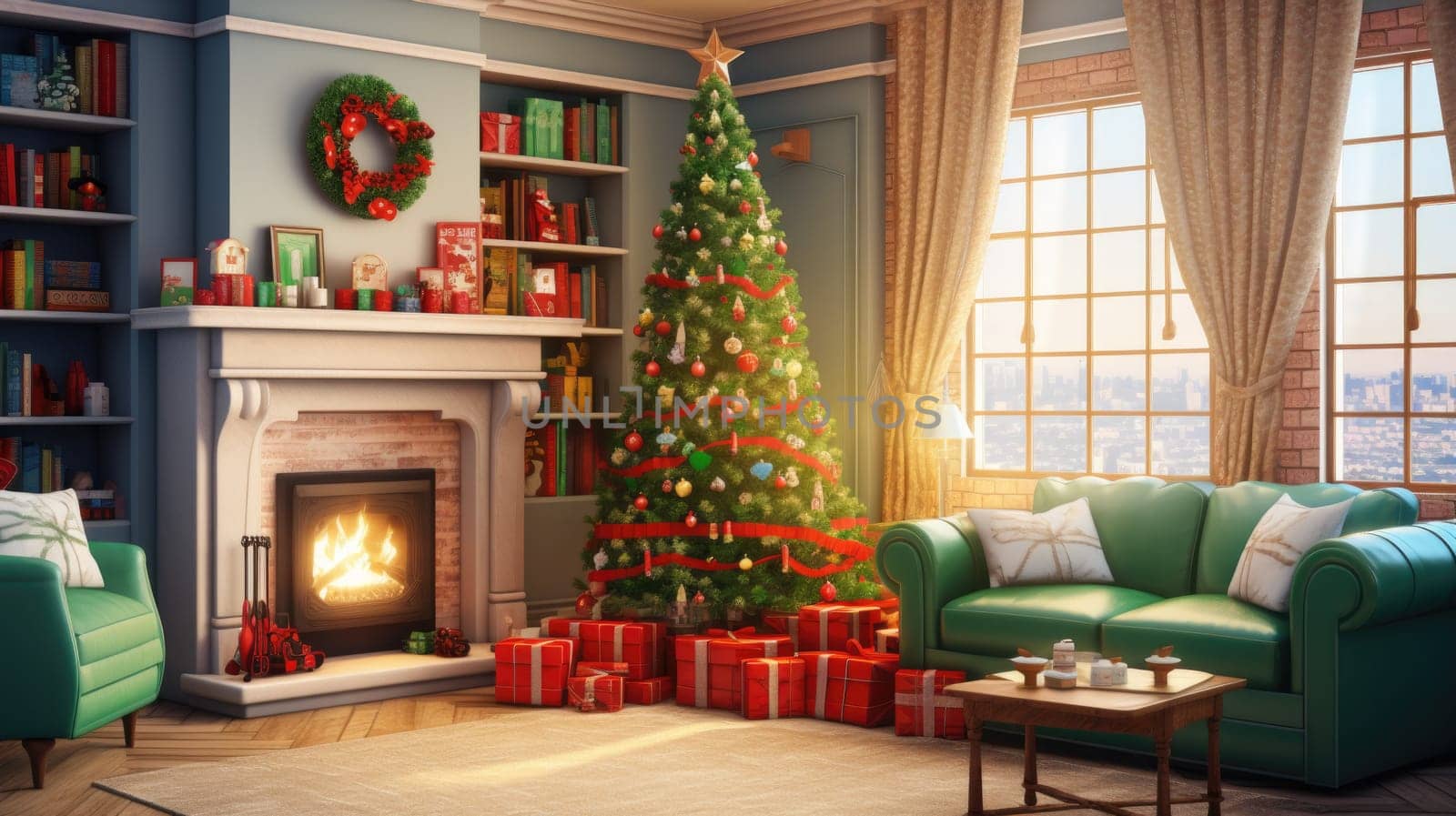 Interior of decorated living room with Christmas tree and comfortable sofa for family comeliness