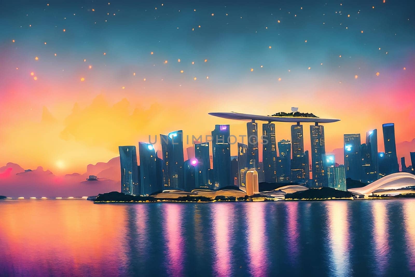 graphic impression of the Singapore skyline in the evening by compuinfoto