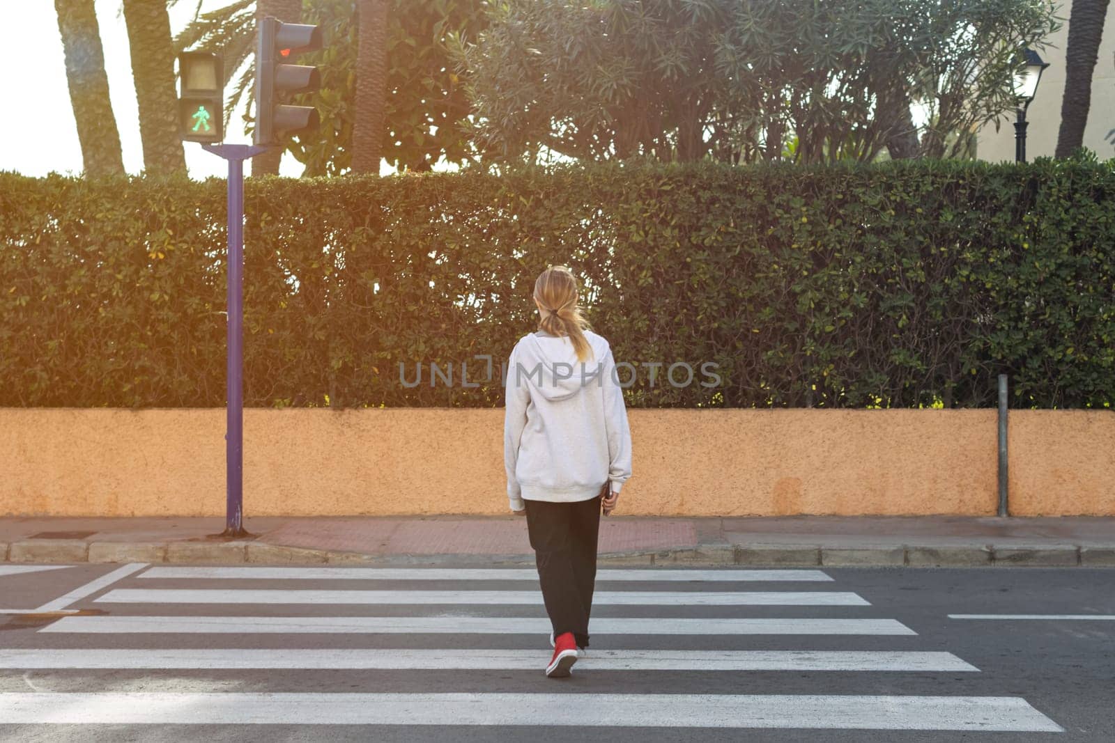 teenage girl in casual clothes crosses the road at a pedestrian crossing with her back to the camera. High quality photo
