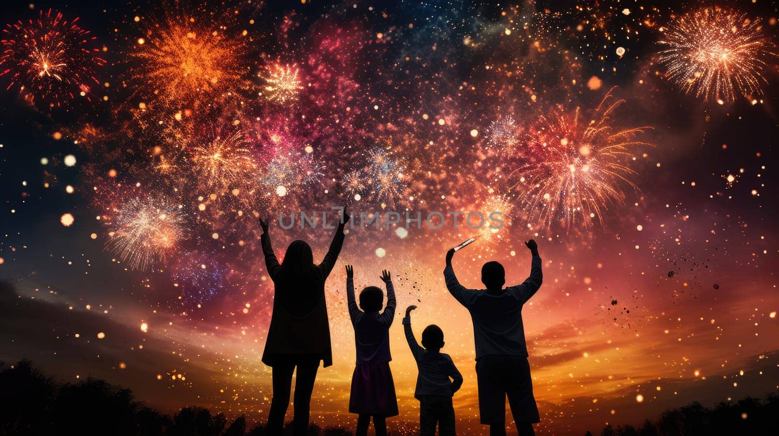 Happy people looking up to the sky with firework in new year 2024 night celebrate happy new year festival 2024 comeliness.