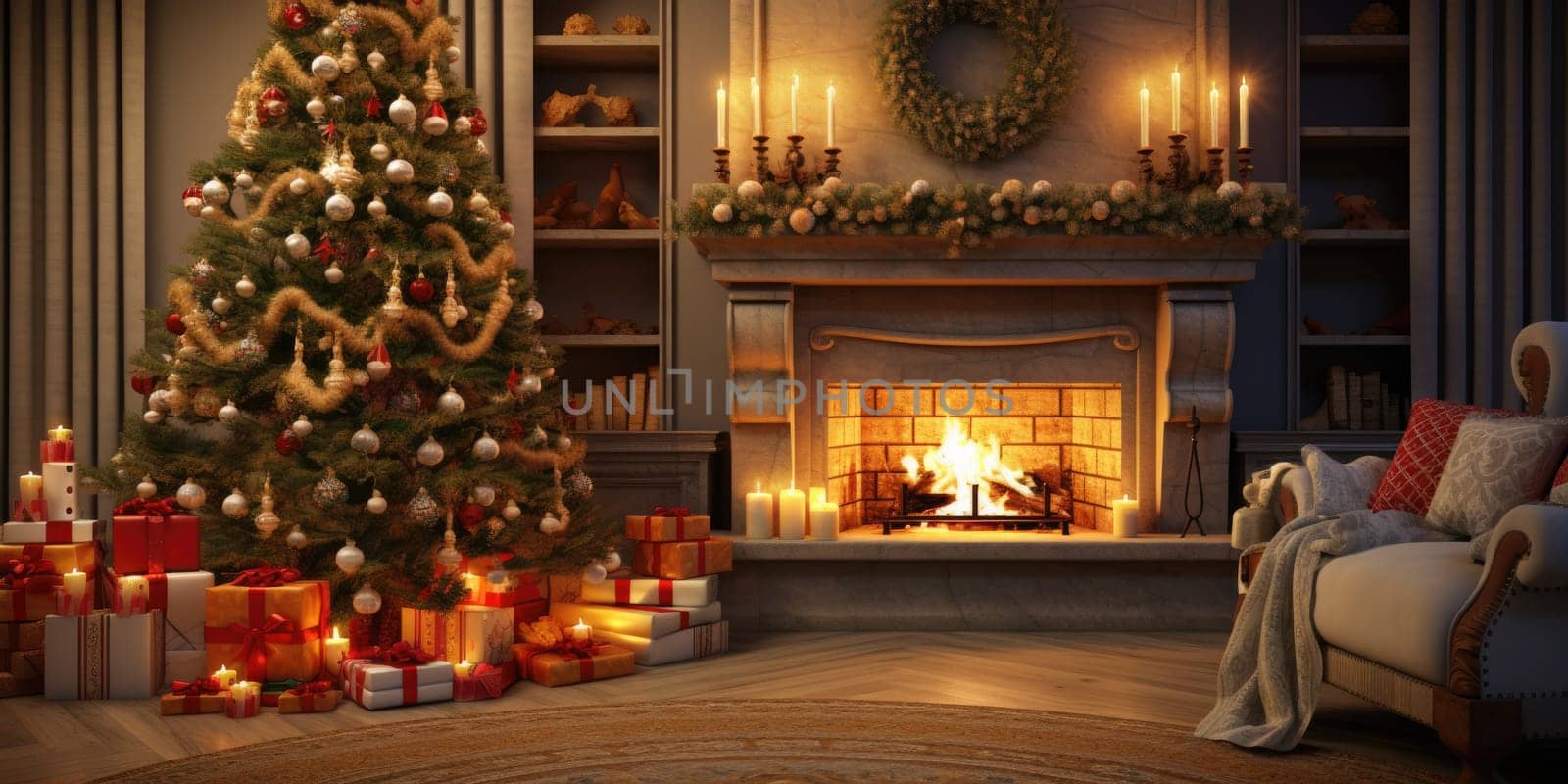 Interior of decorated living room with Christmas tree and sofa comeliness by biancoblue