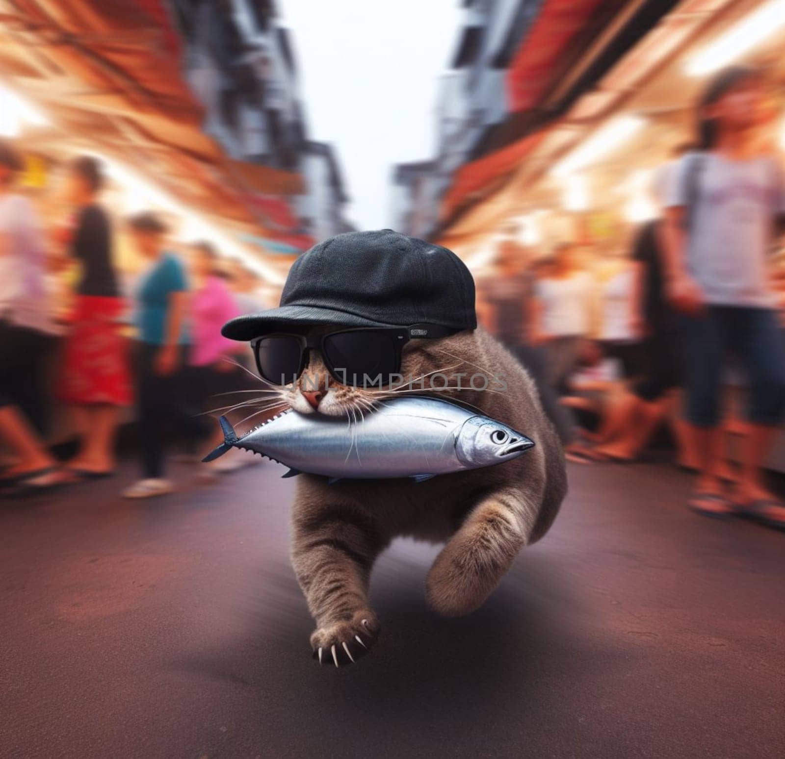 funny cat thieve wear cap and sunglass escape on running from market with stolen grilled salmon by verbano