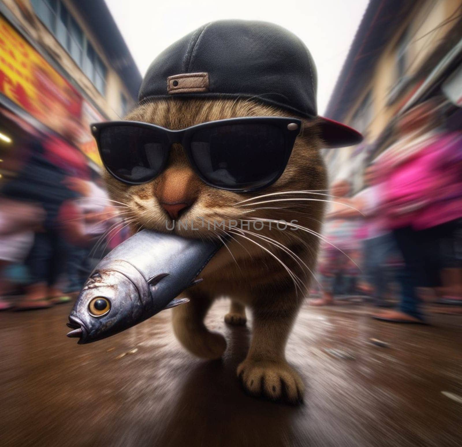 funny cat thieve wear cap and sunglass escape on running from market with stolen grilled salmon by verbano