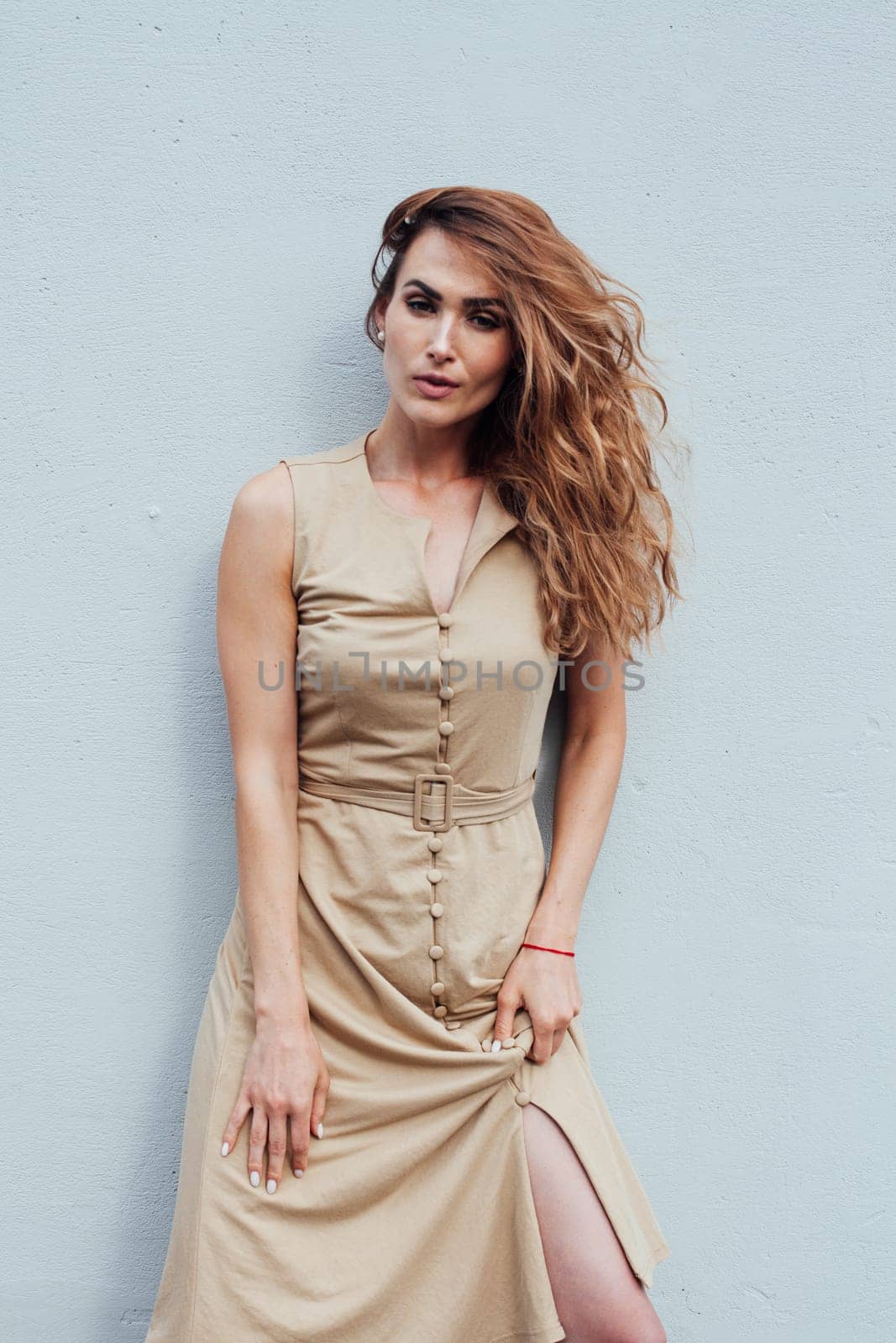 Portrait of a beautiful fashionable woman in a beige dress by Simakov