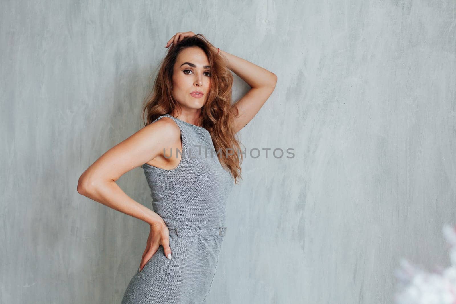 Portrait of a beautiful fashionable woman in a gray dress by Simakov