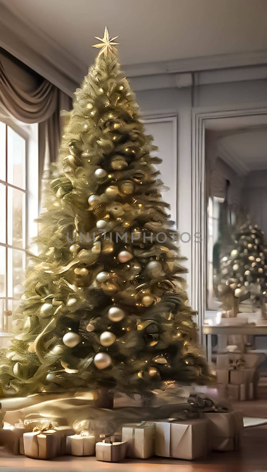 Christmas background with cylindrical podium for promotions. Round stage for presentation sale product. Stage pedestal or platform in snow between Xmas trees, glass balls hanging