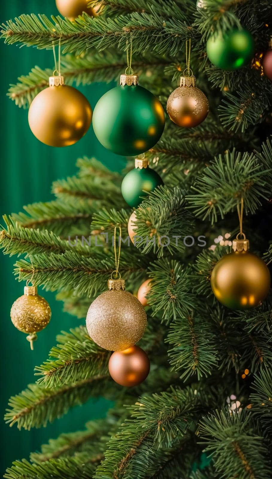 Christmas background with cylindrical podium for promotions. Round stage for presentation sale product. Stage pedestal or platform in snow between Xmas trees, glass balls hanging