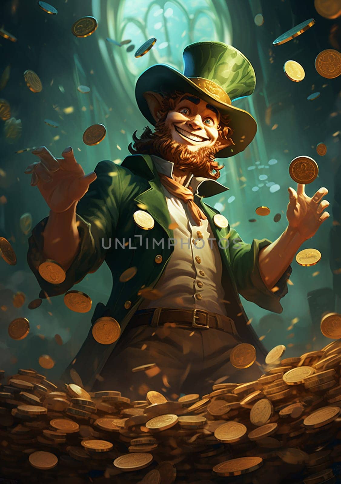 Leprechaun elf symbol of St. Patrick's Day. Cheerful character Irish leprechaun with a red natural beard in a green suit and green hat for advertising. Cosplay at the festival on March 17th. High quality photo