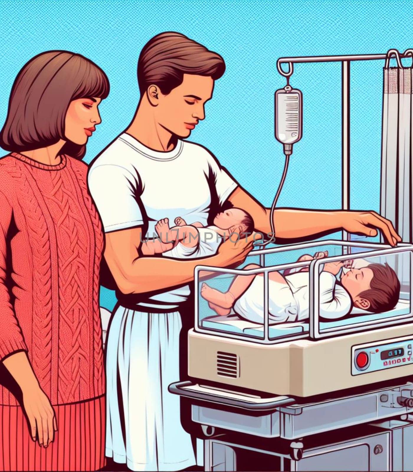 illustration depicting medical staff people at the hospital take care of newborn baby by verbano
