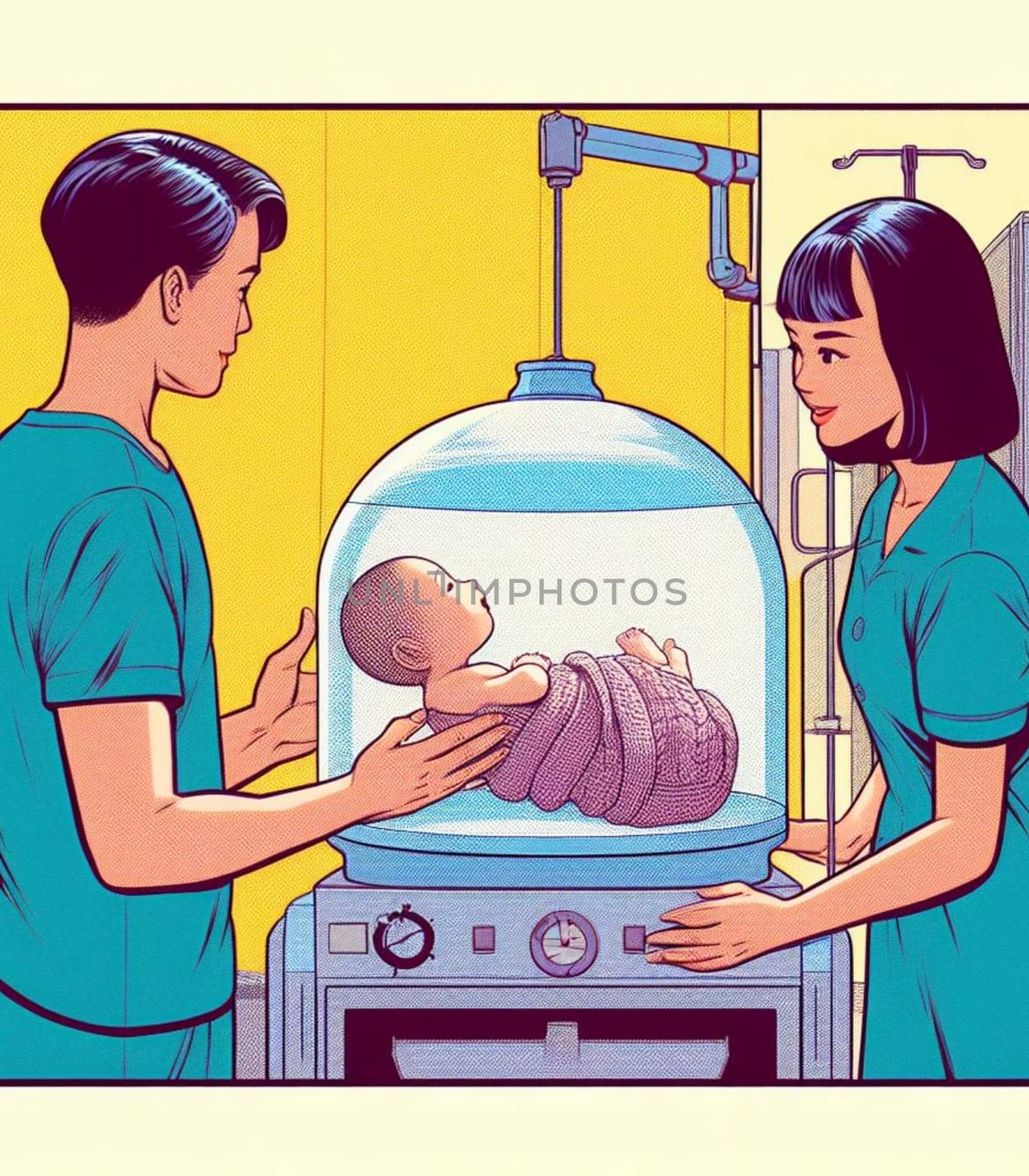 illustration depicting medical staff people at the hospital take care of newborn baby by verbano