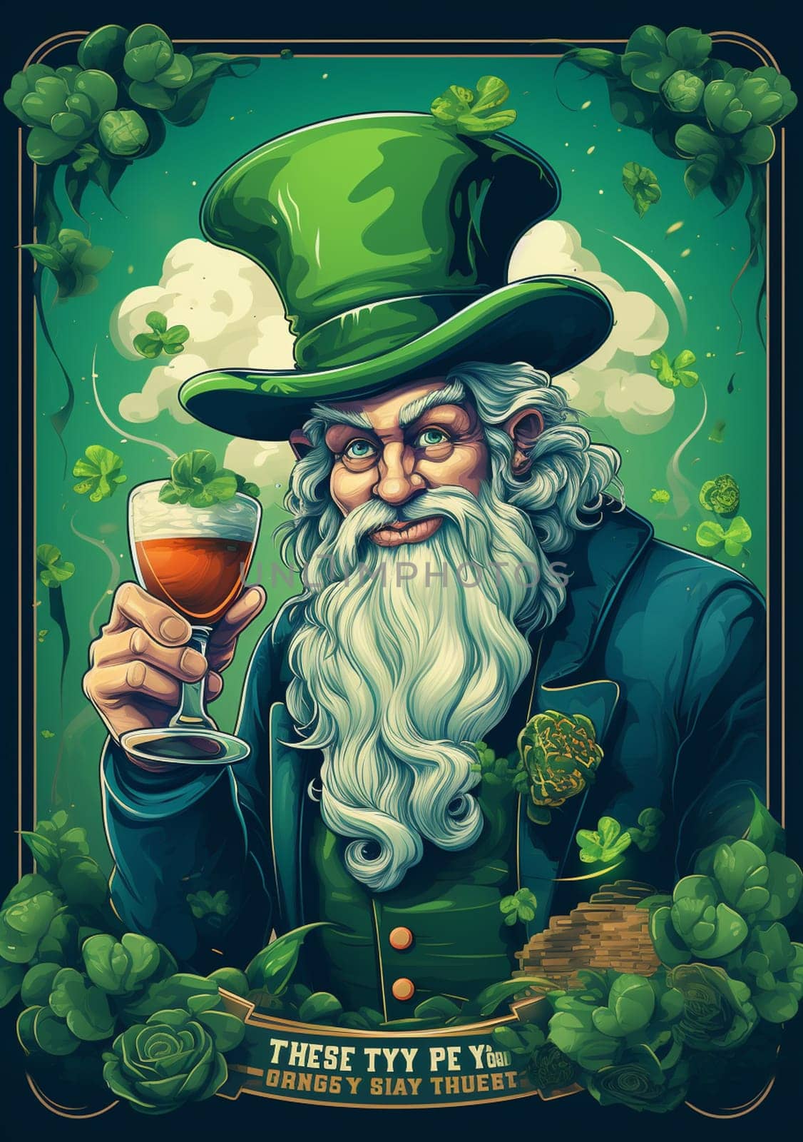 Leprechaun elf symbol of St. Patrick's Day. Cheerful character Irish leprechaun with a red natural beard in a green suit and green hat for advertising. Cosplay at the festival on March 17th. High quality photo